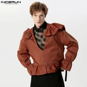 Trajes para hombres 2024 Blazer con volantes Color sólido Cuello en V Manga larga Cremallera Hombres Ropa de calle Moda Casual Hombre Abrigos finos S-5XL INCERUN