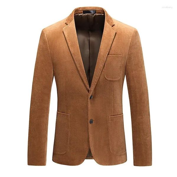 Trajes para hombres 2024 Traje de chaqueta marrón a rayas de pana con dos botones de negocios de color sólido