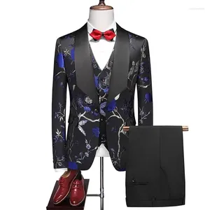 Costumes pour hommes, mode loisirs Boutique Business Banquet, robe imprimée creuse, ensemble 3 pièces Blazers veste pantalon gilet pantalon 2024