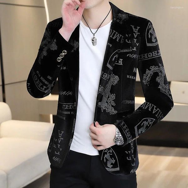 Trajes para hombres 2024 Terciopelo dorado impreso hombres blazer abrigo otoño invierno coreano un botón negro azul casual moda slim fit chaqueta de traje masculino