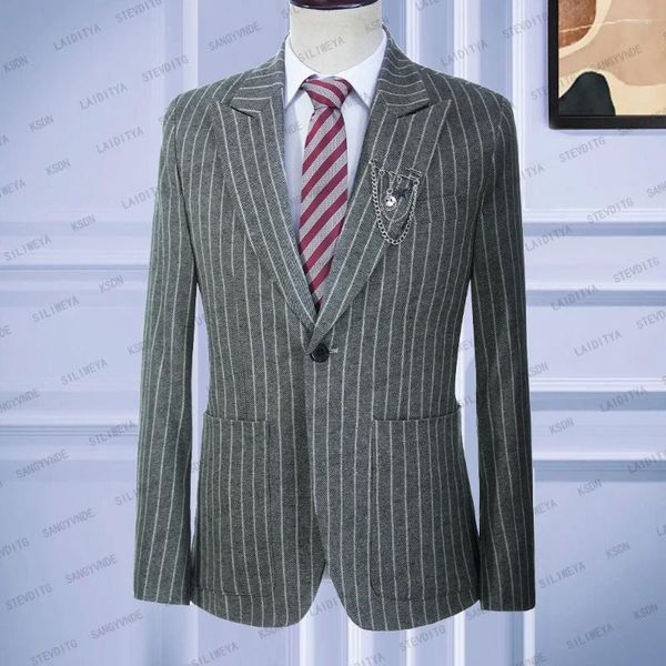 Trajes para hombres 2024 Guapo Gris Lino Blanco Raya Hombres Traje Negocios Verano Esmoquin Fiesta Slim Fit Chaqueta Blazers Abrigo Casual Boda