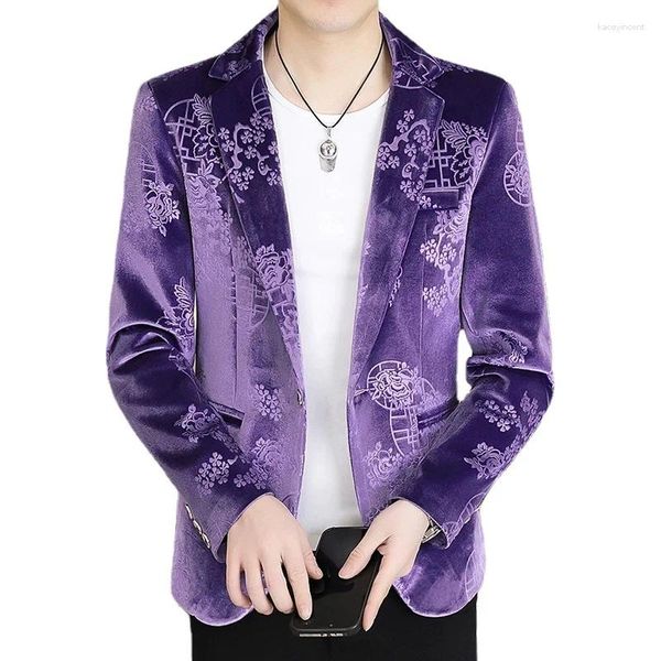 Costumes pour hommes 2024 Hommes Golden Velvet Imprimé Costume Veste Mode Dance Party Slim Fit Manteau