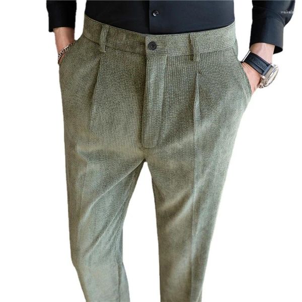 Trajes para hombres 2024 Hombres Pequeños pantalones de traje de pana elásticos Negro / Verde negruzco Café Moda Vestido social de negocios