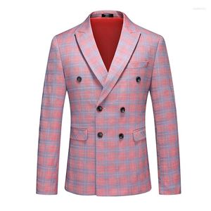 Trajes para hombres 2024 Men de doble pecho rojo Chaqueta de traje a rayas Fashion Slim Plaid Fraid Coat Purple Pink Grey Blazers 6xl