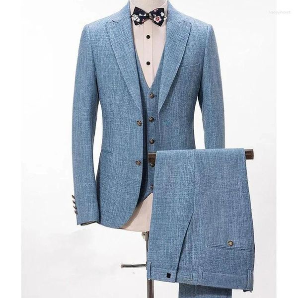 Trajes para hombres 2024 Sky Blue Linen Mens para boda Hombre Prom Esmoquin Slim Fit Hombre Novio Chaqueta Traje de 3 piezas Traje Homme Pour Mariage