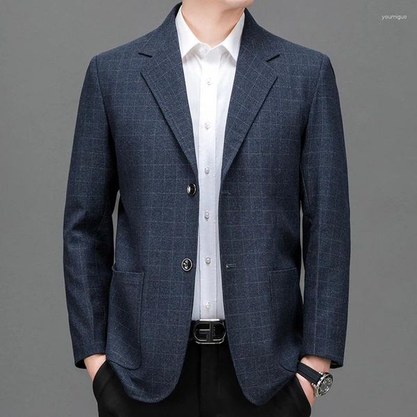 Trajes para hombres 2024 Primavera Otoño Hombres Blazers a cuadros Azul Gris Azul marino A cuadros Patrón sutil Chaqueta de traje Masculino Moda corporativa Uniforme Oficina