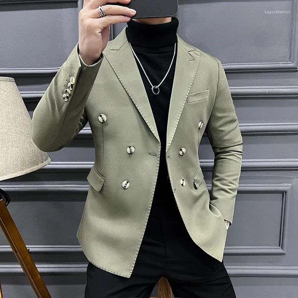 Costumes pour hommes 2024 printemps coréen double boutonnage boucle hommes blazers couleur unie coupe mince décontracté costume d'affaires vestes fête sociale masculino