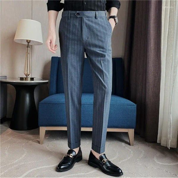 Trajes para hombres 2024 Primavera Verano Traje Pantalones Hombres Slim Trabajo Elástico Cintura Botón Suave Formal Pantalones Masculino Coreano Rayas Marca Ropa P148