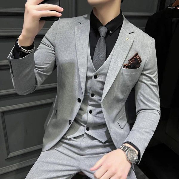 Trajes para hombres 2024 traje de tres piezas de primavera negocio sólido de color sólido coreano coreano delgado para trabajo set Tuxedo