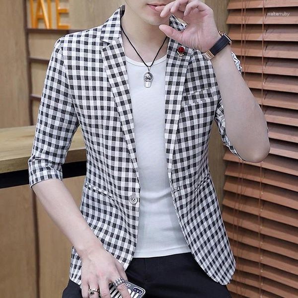 Trajes de hombre 2024 verano hombres Plaid Blazers moda Slim Fit boda negocios Social Casual traje chaqueta calle desgaste Masculino