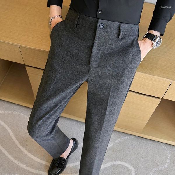 Trajes para hombres 2024 Traje de invierno Pantalones de lana gruesa Slim Fit Semi elástico Cintura sólida Negro Gris Caqui Medio Casual Moda
