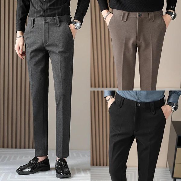 Costumes pour hommes 2024s hommes pantalons sans fer coupe ajustée printemps épais longueur décontractée Streetwear haute qualité noir gris robe pantalon