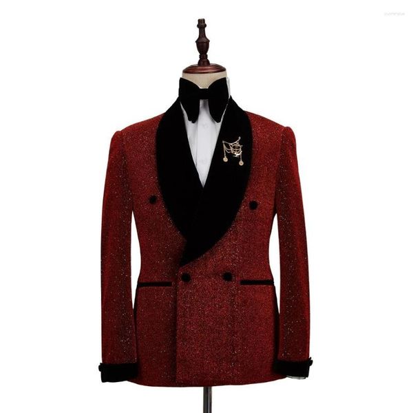 Trajes de hombre 2 piezas boda novio esmoquin rojo brillante Slim Fit hombres chaqueta pantalones tela chal cuello Blazer conjunto de traje