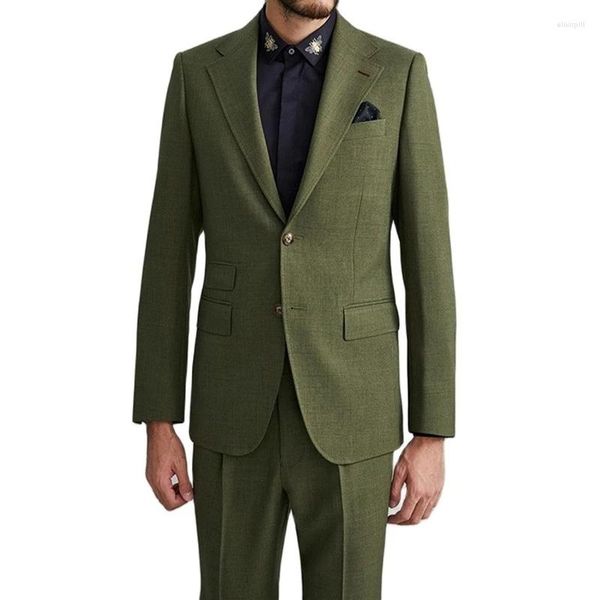 Trajes para hombre, 2 uds., pantalones Blazer, verde oliva, solapa con muescas, conjuntos de un solo pecho para hombre, ropa de boda, chaqueta Formal de negocios, pantalones ajustados