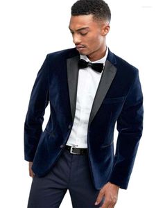 Costumes pour hommes 2pcs bleu foncé velours homme blazer pantalon slim fit hommes manteau costume mariage marié smoking bal mâle veste pantalon noir