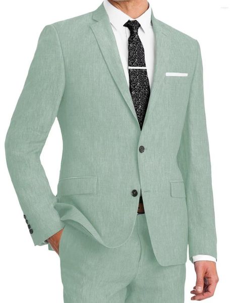 Trajes de hombre 2 uds. De lino de verano para hombre, esmoquin Formal con solapa de muesca de dos botones, conjunto de chaqueta para novio, chaqueta de Color sólido para fiesta de negocios en la playa, pantalones