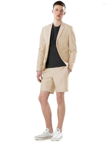 Trajes para hombre, 2 uds., chaqueta para hombre con pantalones cortos, lino, verano, solapa de muesca, esmoquin Formal, novio, playa, fiesta de negocios, Blazer, conjunto de Color sólido