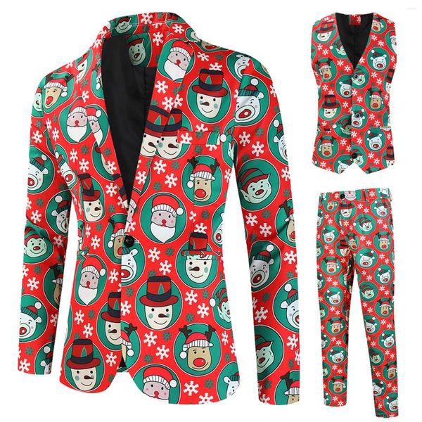 Costumes pour hommes 3 pièces/ensemble hommes veste de noël pantalon costume dessin animé Santa flocon de neige imprimé pantalon ensemble année fête manteau pantalon