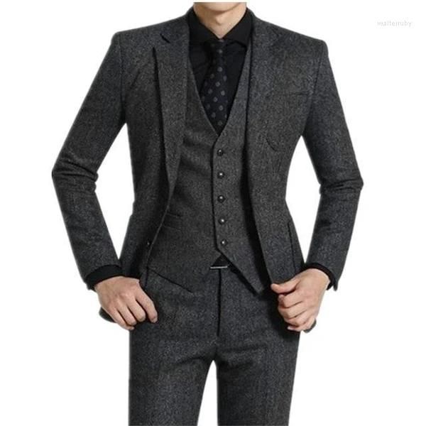 Costumes pour hommes 3 pièces gris Tweed hommes pour mariage revers pointu personnalisé décontracté marié Tuxedos hiver homme mode vêtements veste pantalon