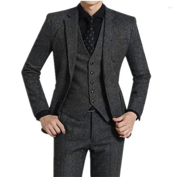 Costumes pour hommes 3 pièces gris Tweed hommes pour mariage revers pointu personnalisé décontracté marié Tuxedos 2023 hiver homme mode vêtements veste pantalon