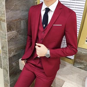 Trajes para hombre, conjunto de 3 piezas/chaqueta ajustada de Color sólido para hombre, ropa de trabajo profesional de negocios a la moda, vestido de boda para banquete