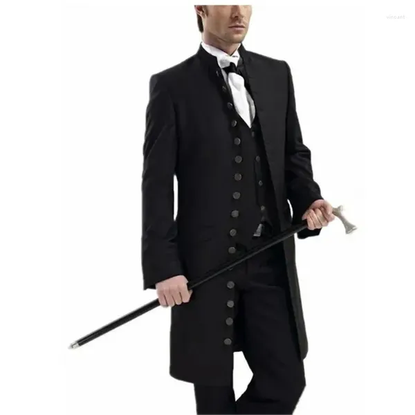 Costumes pour hommes 3 pièces Costume gothique col montant ensemble mariage Steampunk longue veste Blazer pour Banquet fête Cosplay homme vêtements