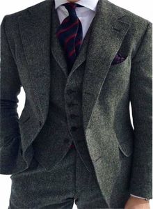 Costumes pour hommes 3 pièces gris laine Herringbe Slim Fit décontracté formel Busin garçons d'honneur Tweed Tuxedos pour mariage Blazer + pantalon + gilet x86P #