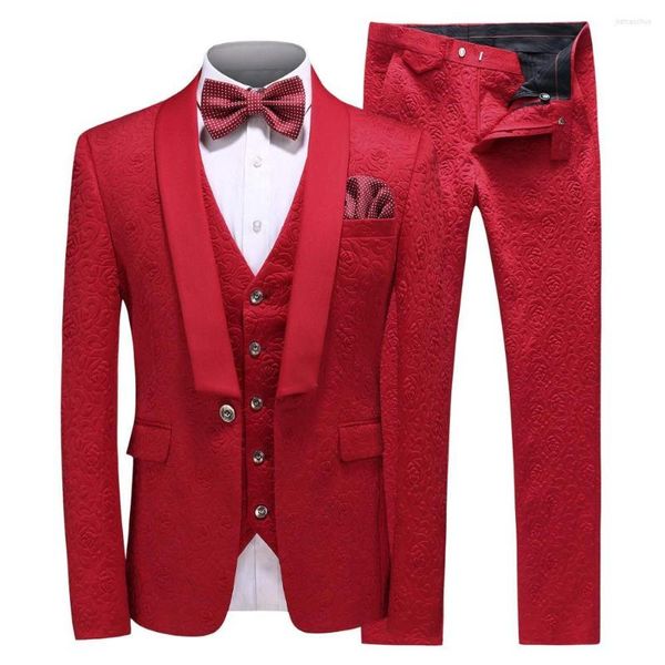 Costumes pour hommes 3 pièces costume rouge pour hommes décontracté à fleurs Blazer bal violet smoking Tweed châle revers dîner fête veste blanche mariés de mariage.