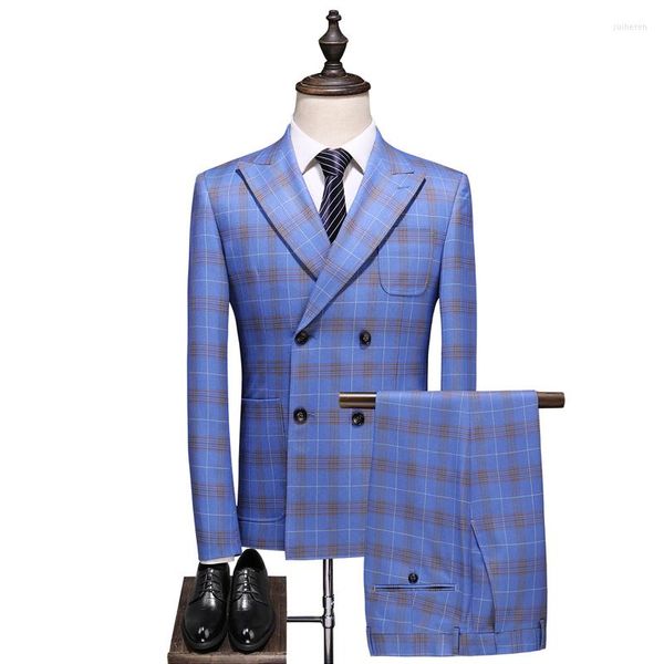 Costumes pour hommes 3 pièces ensemble bleu clair plaid double boutonnage hommes veste pantalon gilet mâle affaires décontracté mariage blazers manteau gilet pantalon