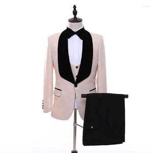 Herenpakken 3pc Beige Bloemen Patterned Herenpak Set Wedding Bruidegom Man Jacket Pant Vest Slim Fit Men Business Hoogwaardige