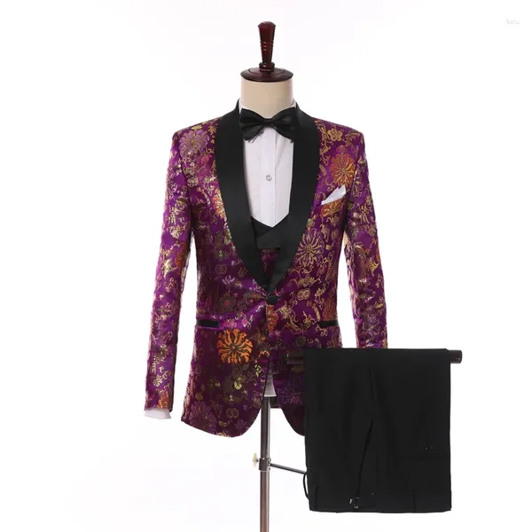 Costumes pour hommes 3 pièces ensembles à motifs violet foncé mariage marié Blazer pantalon veste pantalon gilet coupe ajustée vêtements