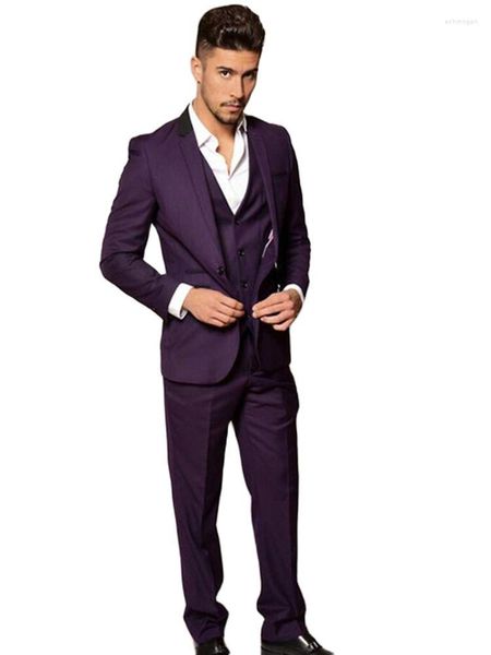 Trajes para hombres 3 piezas (chaqueta pantalones chaleco) Traje de hombre de color púrpura oscuro Diseño de solapa de muesca Slim Fit Fiesta Prom Esmoquin Guapo Matrimonio Novio Boda