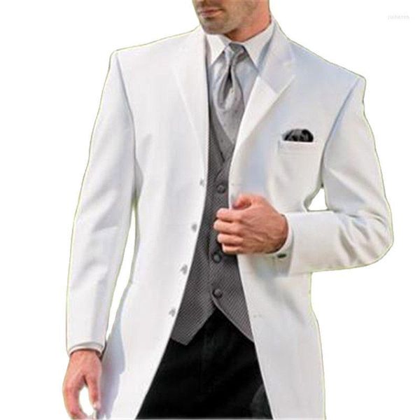 Trajes para hombre, 3 uds., chaqueta con solapa de muesca, pantalones negros, chaleco gris, chaqueta blanca hecha a medida, pantalones para hombre, ropa de fiesta de boda para novio