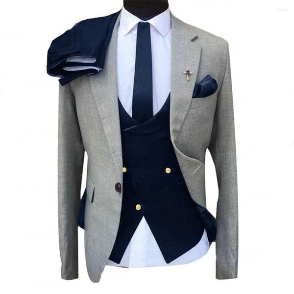 Trajes para hombre, 3 uds., cuello con muescas, gris claro, negocios para boda (chaqueta, pantalones, chaleco), conjuntos de hombre hechos a medida a medida