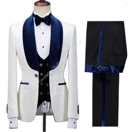 Costumes pour hommes 3 pièces mariage Blazer pantalon Costume marié Slim Fit hommes blanc motif veste noir pantalon bleu châle revers velours gilet