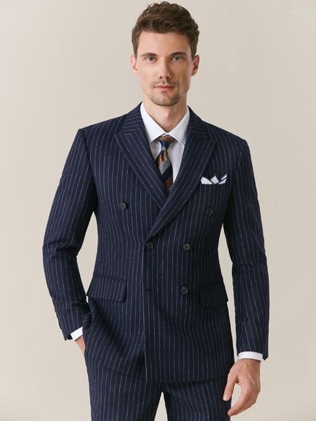 Trajes de hombre 50% lana conjunto para hombre invierno grueso cálido doble botonadura azul profundo raya Slim boda novio desgaste hombre de negocios diario Blazer