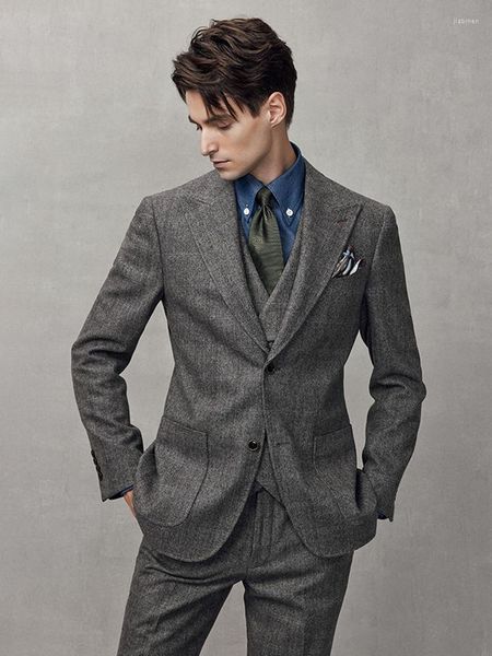 Trajes de hombre 60% conjunto de lana para hombre (chaqueta chaleco pantalón) gris de lujo Slim Fit Formal boda novio desgaste moda Casual de talla grande 6XL