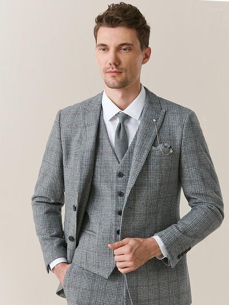 Trajes de hombre 60% lana Retro gris espiga Tweed invierno espesar cálido estilo británico traje de hombre Slim Fit Blazer boda para hombres 3 piezas