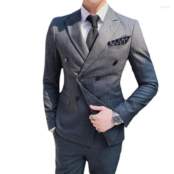 Trajes para hombres 7XL (Chaqueta chaleco pantalones) marca de gama alta a rayas de negocios para hombre traje cruzado novio banquete vestido de actuación etapa