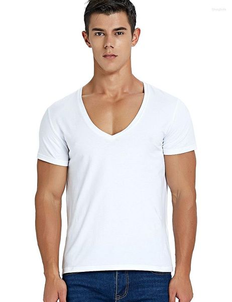 Trajes para hombres A1457 Camiseta con cuello en V profundo para hombres Camisetas con cuello redondo de corte bajo Camiseta de manga corta con cola caída Estilo informal de algodón para hombres