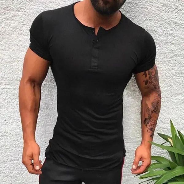 Costumes masculins A1968 Stijlvolle Effen Kleur Tee Tops Mannen T-shirt Korte Mouw Bodybuilding Tees mannelijke kleding Mode de fitness Ronde Hals