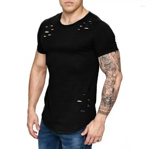 Trajes para hombre A2008 Nieuwe Zomer Korte Mouw camiseta Mannen Mode Gat Ontworpen Fitness Effen Kleur Slim Fit Hip Hop 'S camiseta