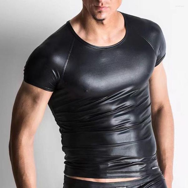 Costumes pour hommes A2023 hauts en cuir Stretch Pu T-shirts à manches courtes Club Slim Bar scène Performance t-shirt chemisier élastique