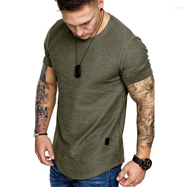 Trajes para hombres A2324 Verano Hombres Manga corta Camiseta Casual Cuello redondo Moda Elástico Ajuste Divertido Streetwear Sólido Camiseta Hip Hop Tops S-XXL