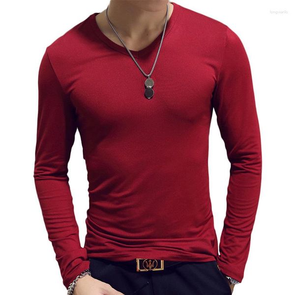 Costumes pour hommes A2472 col rond col en v à manches longues hommes T-Shirt couleur unie lait soie T-Shirts homme vêtements tout-match haut de taille slim