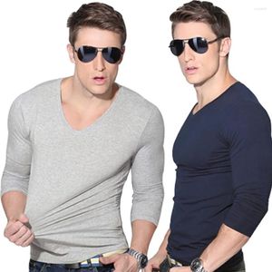 Costumes pour hommes A2575 T-Shirt ajusté à manches longues col en v couleur unie décontracté sport Muscle T-shirts grande taille Style Simple T-shirts