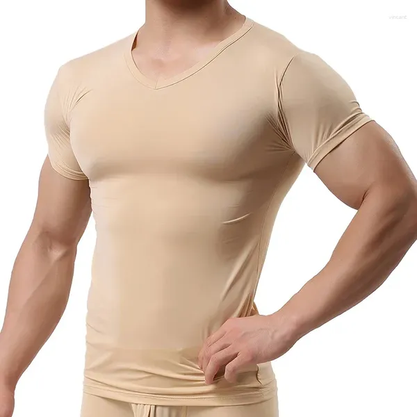 Abiti da uomo A2898 Canottiera da uomo T-shirt in seta di ghiaccio Maschile in nylon con scollo a V maniche corte Top Indumenti da notte freddi ultrasottili