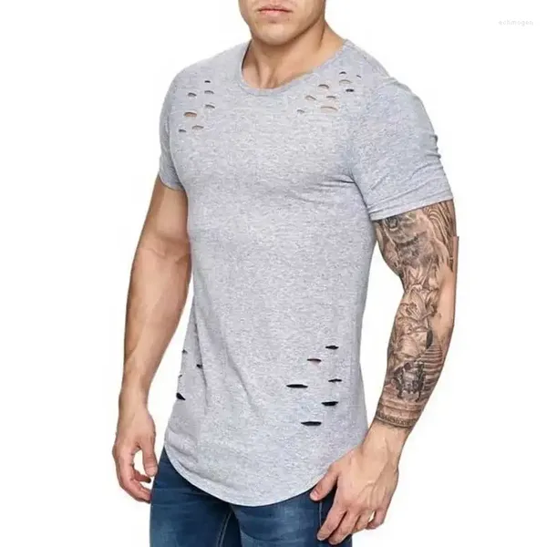 Trajes para hombres A2962 Hole Ripped T Shirts Hombres Camiseta de manga corta Fitness Ropa de verano Divertida camiseta sólida Streetwear Slim Tops Tees