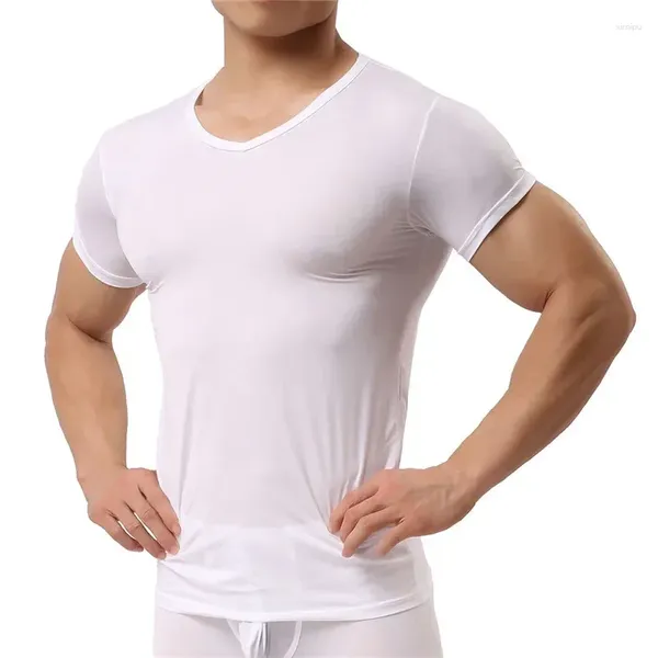 Costumes pour hommes A3031 homme maillot de corps glace soie t-shirts mâle Nylon col en v manches courtes hauts Ultra-mince vêtements de nuit Cool
