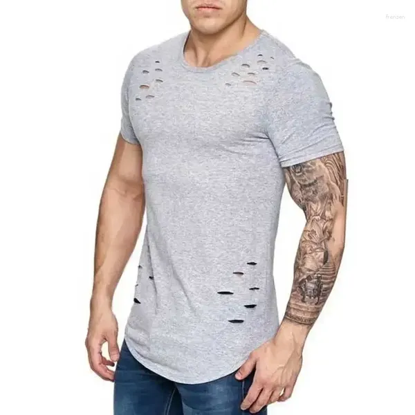 Trajes para hombres A3220, camisetas rasgadas con agujeros, camiseta de manga corta para hombres, ropa de verano para Fitness, camiseta sólida divertida, ropa de calle, camisetas ajustadas